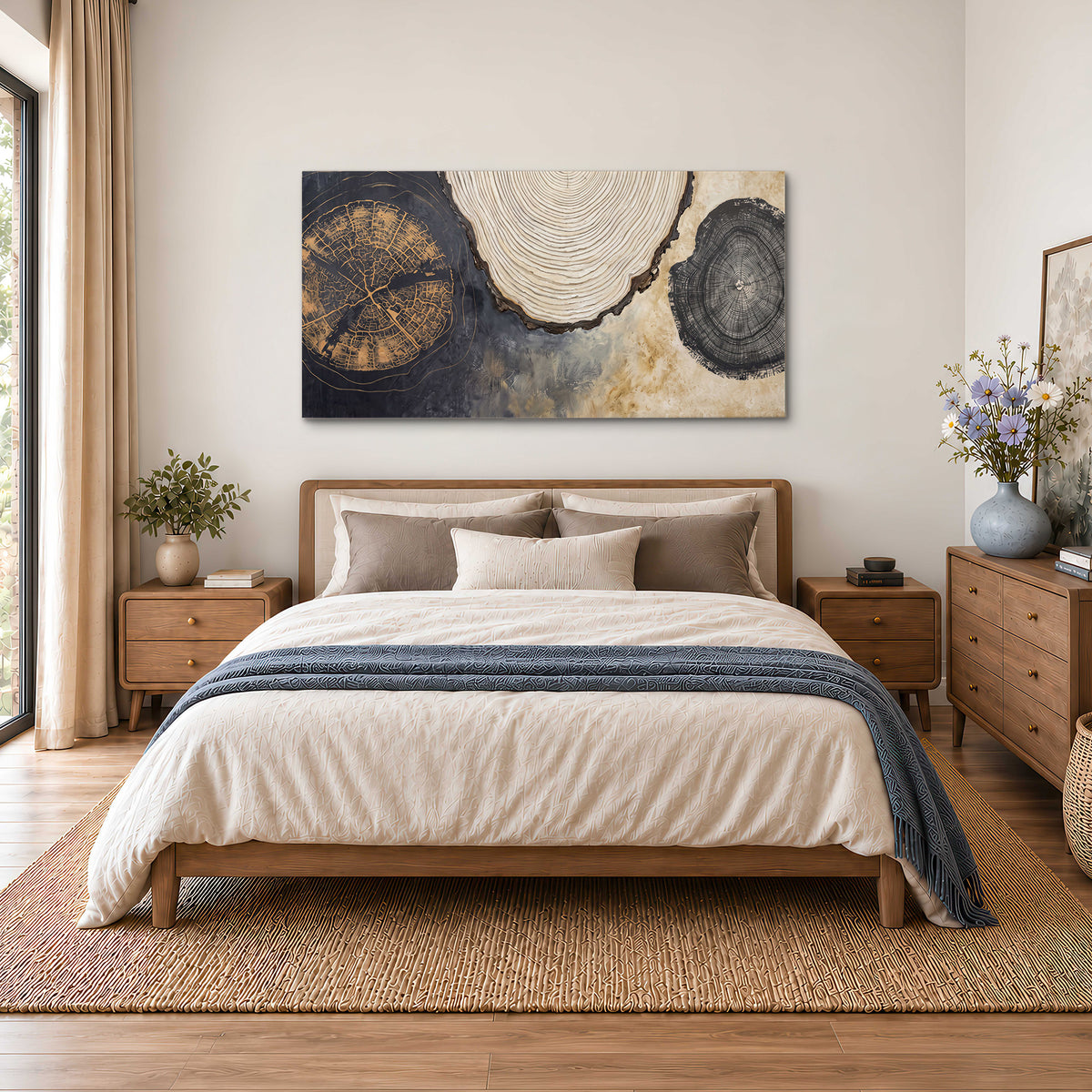 Circular tree-ring motifs in charcoal, cream and gold tones single canvas wall art styled in an interior