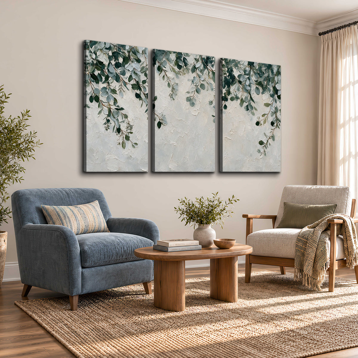 Soft green eucalyptus branches on a cream background 3 piece canvas wall art styled in an interior
