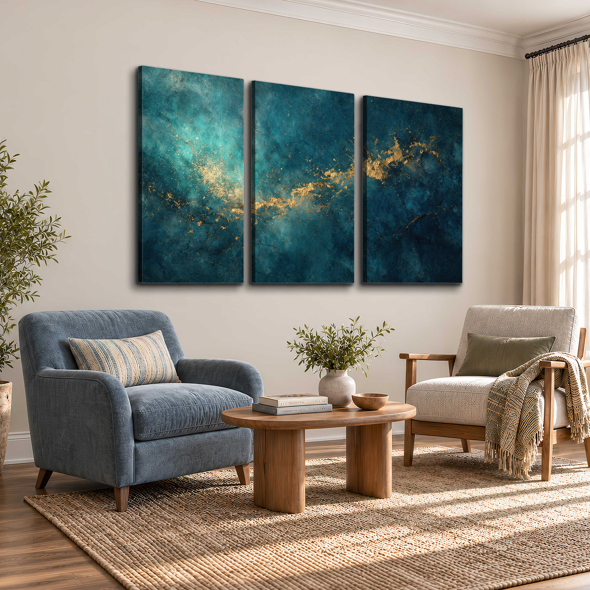 Deep teal clouds with sweeping gold-colored accents 3 piece canvas wall art styled in an interior