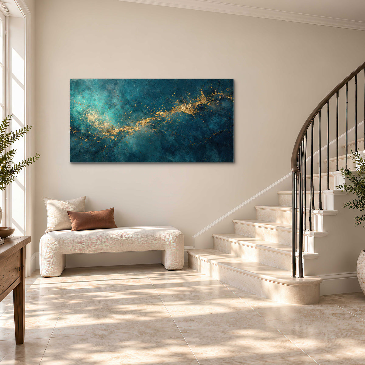 Deep teal clouds with sweeping gold-colored accents single canvas wall art styled in an interior