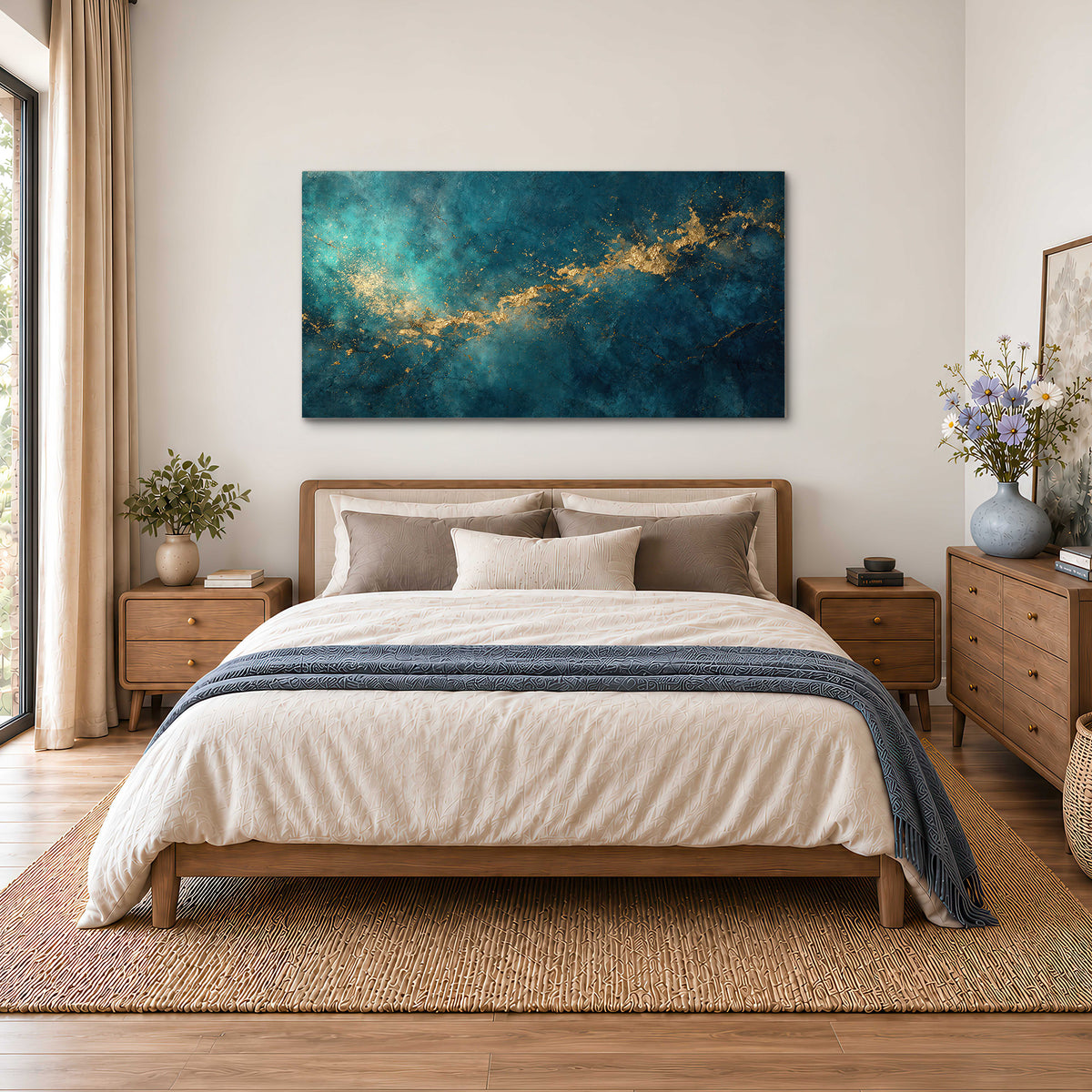 Deep teal clouds with sweeping gold-colored accents single canvas wall art styled in an interior