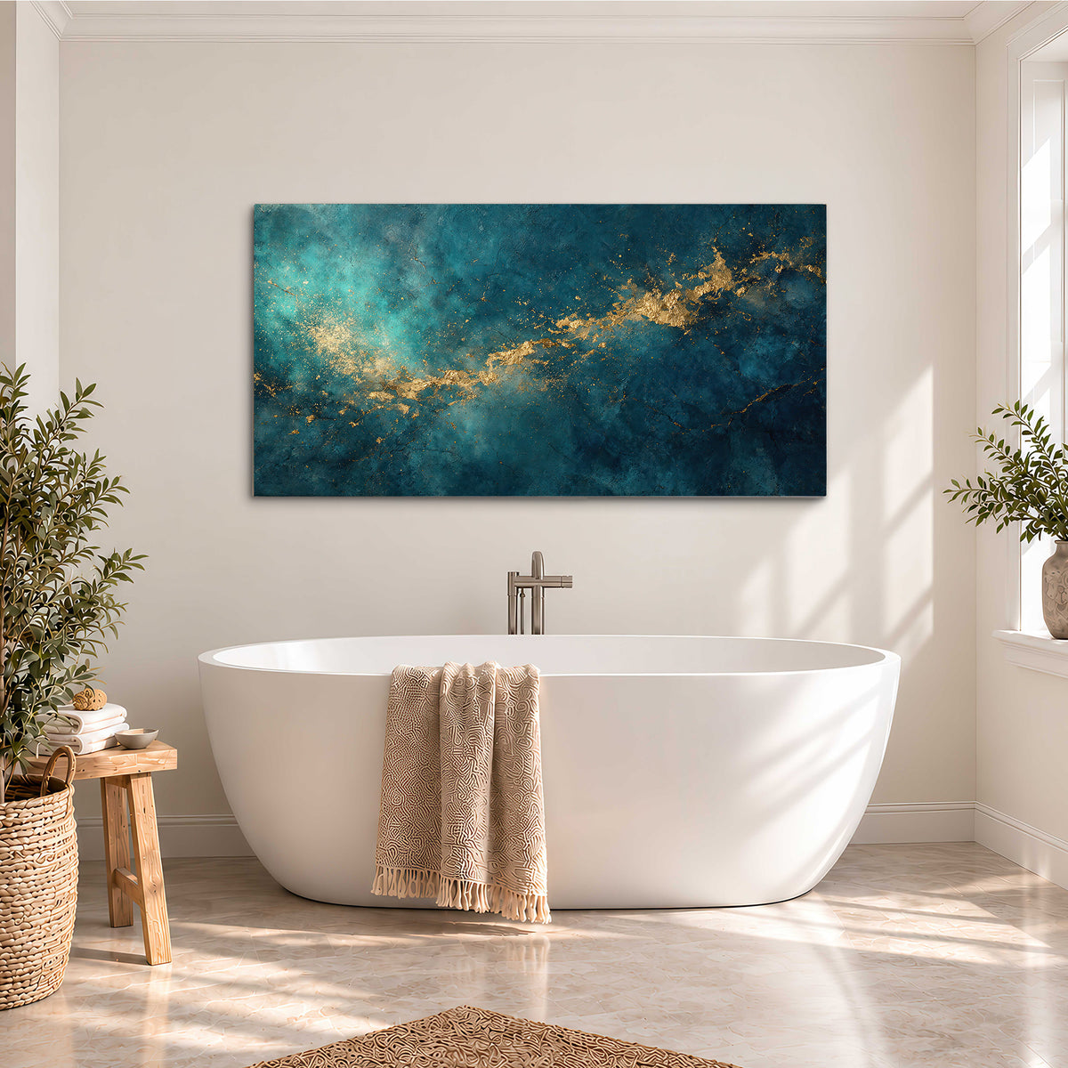 Deep teal clouds with sweeping gold-colored accents single canvas wall art styled in an interior