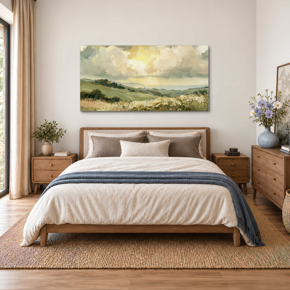 Rolling green hills beneath a luminous cloudy sky single canvas wall art styled in an interior