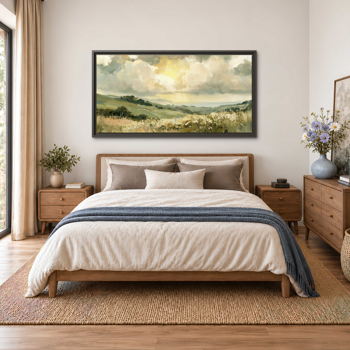 Rolling green hills beneath a luminous cloudy sky single framed canvas wall art styled in an interior