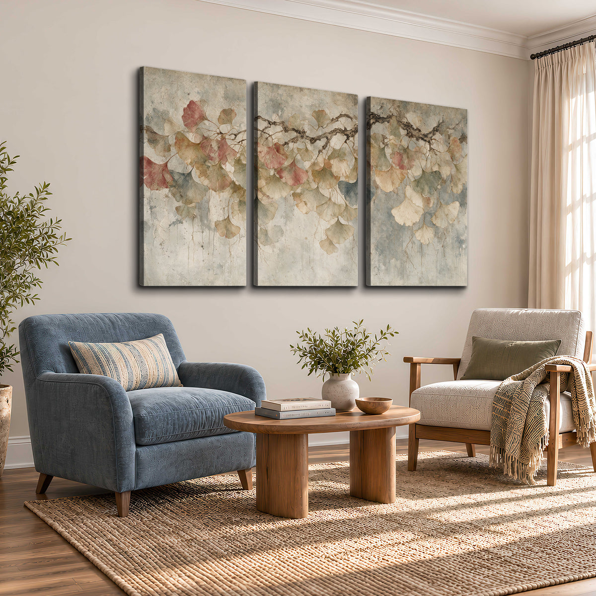 Cream and blush ginkgo leaves on delicate branches 3 piece canvas wall art styled in an interior