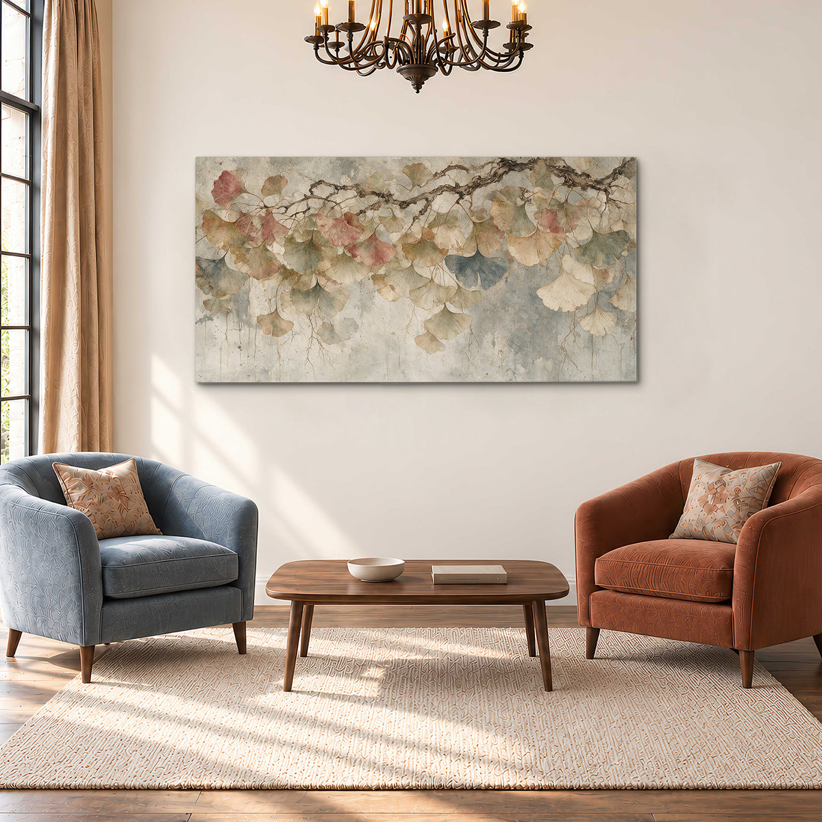 Cream and blush ginkgo leaves on delicate branches single canvas wall art styled in an interior