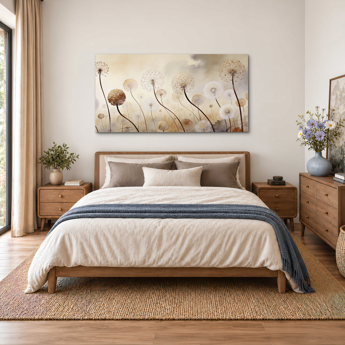 Delicate dandelion seed heads in warm misty light single canvas wall art styled in an interior