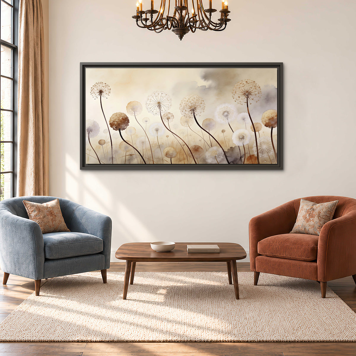 Delicate dandelion seed heads in warm misty light single framed canvas wall art styled in an interior