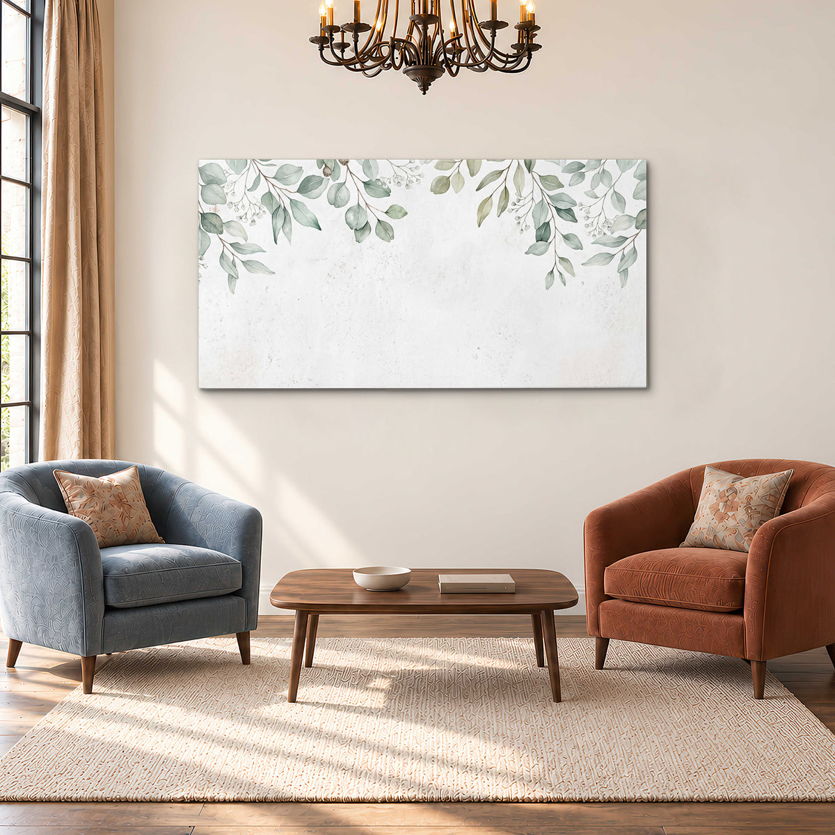 Pale sage eucalyptus leaves against a light background single canvas wall art styled in an interior