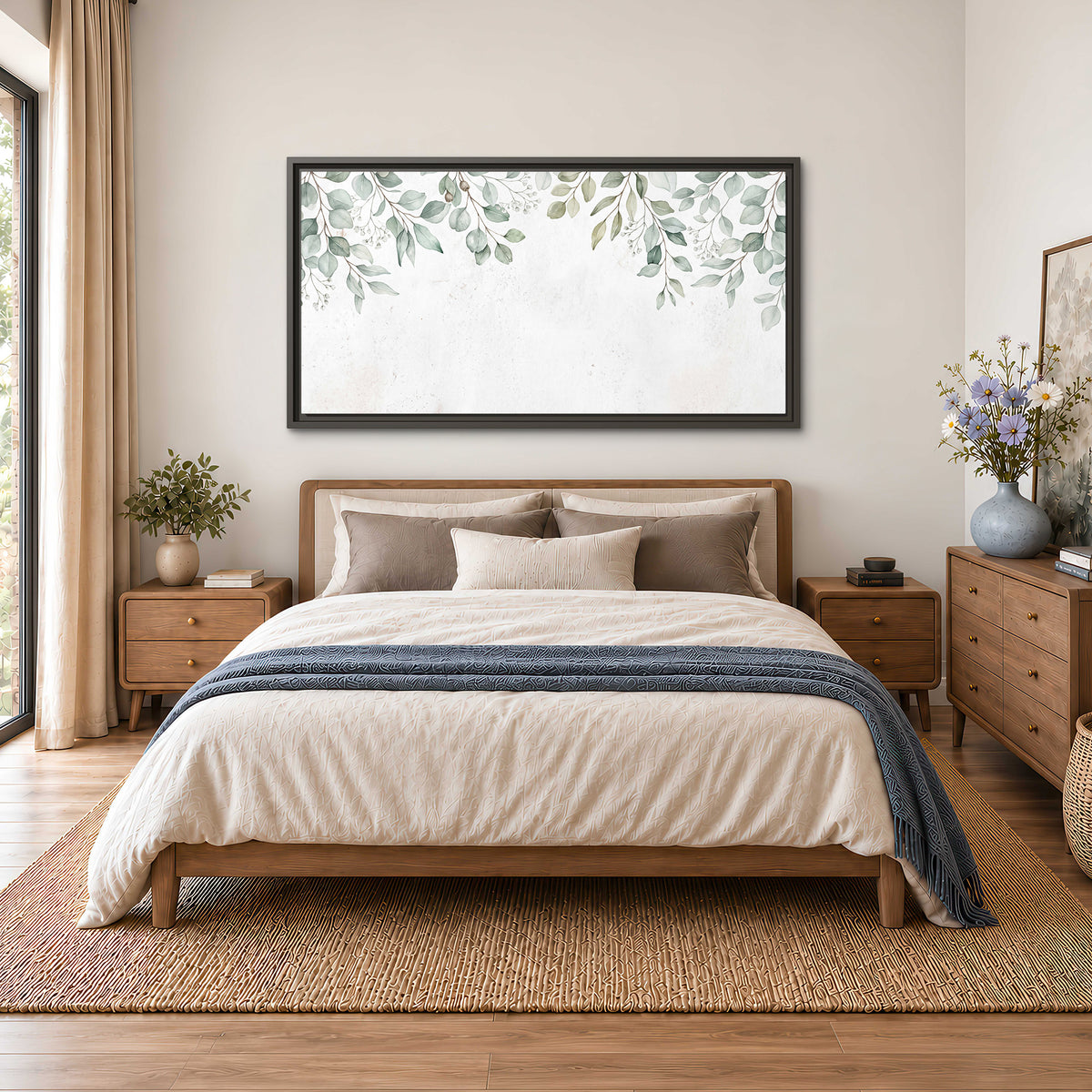 Pale sage eucalyptus leaves against a light background single framed canvas wall art styled in an interior