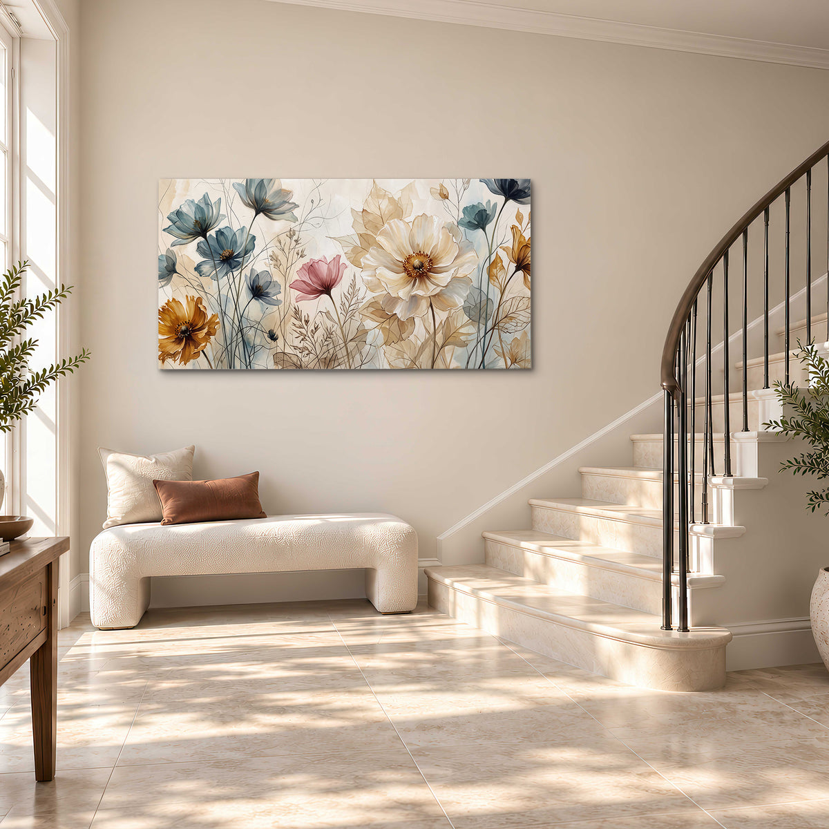 Airy blue, ochre and blush flowers on a warm cream background single canvas wall art styled in an interior