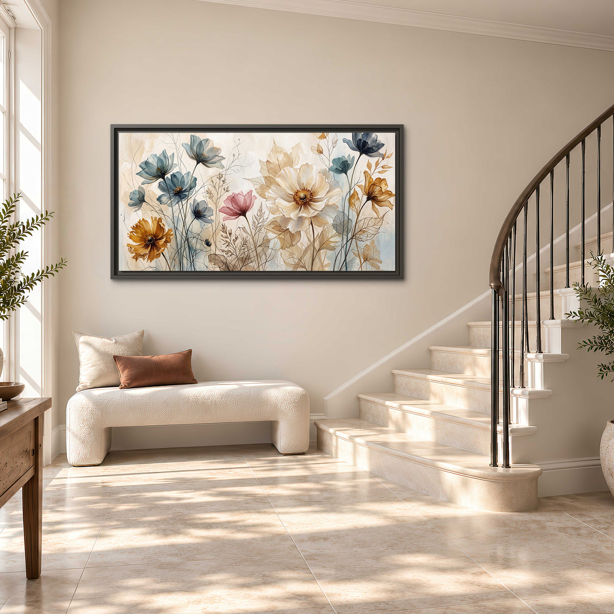 Airy blue, ochre and blush flowers on a warm cream background single framed canvas wall art styled in an interior