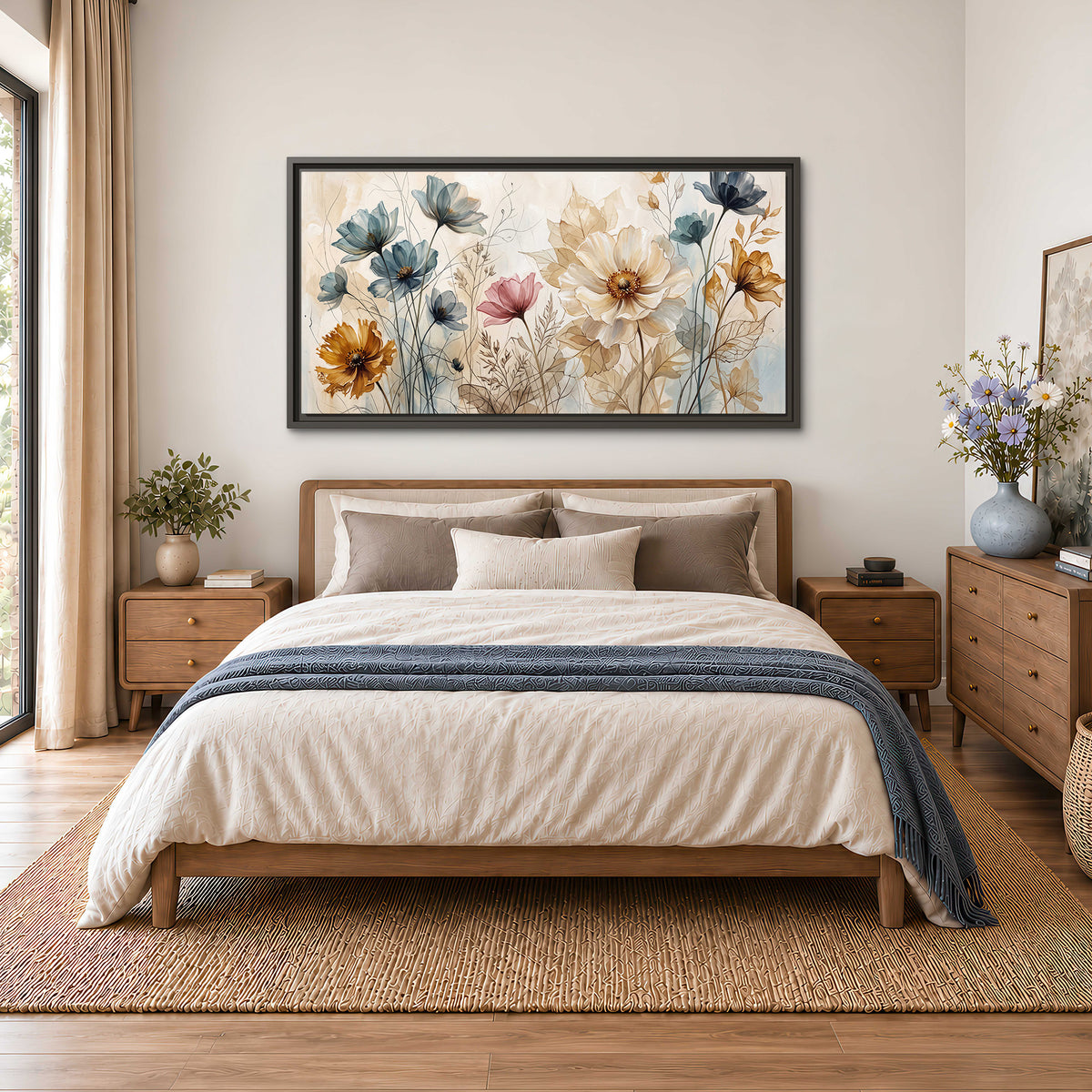 Airy blue, ochre and blush flowers on a warm cream background single framed canvas wall art styled in an interior