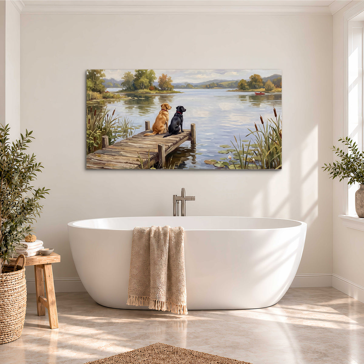 Two dogs sitting together on a wooden dock overlooking a peaceful lake single canvas wall art styled in an interior