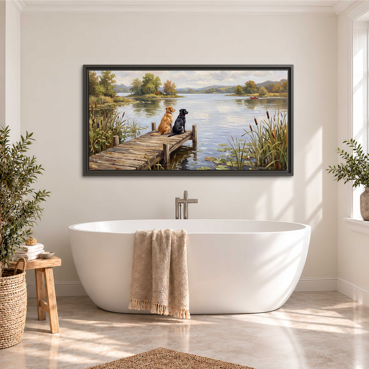 Two dogs sitting together on a wooden dock overlooking a peaceful lake single framed canvas wall art styled in an interior