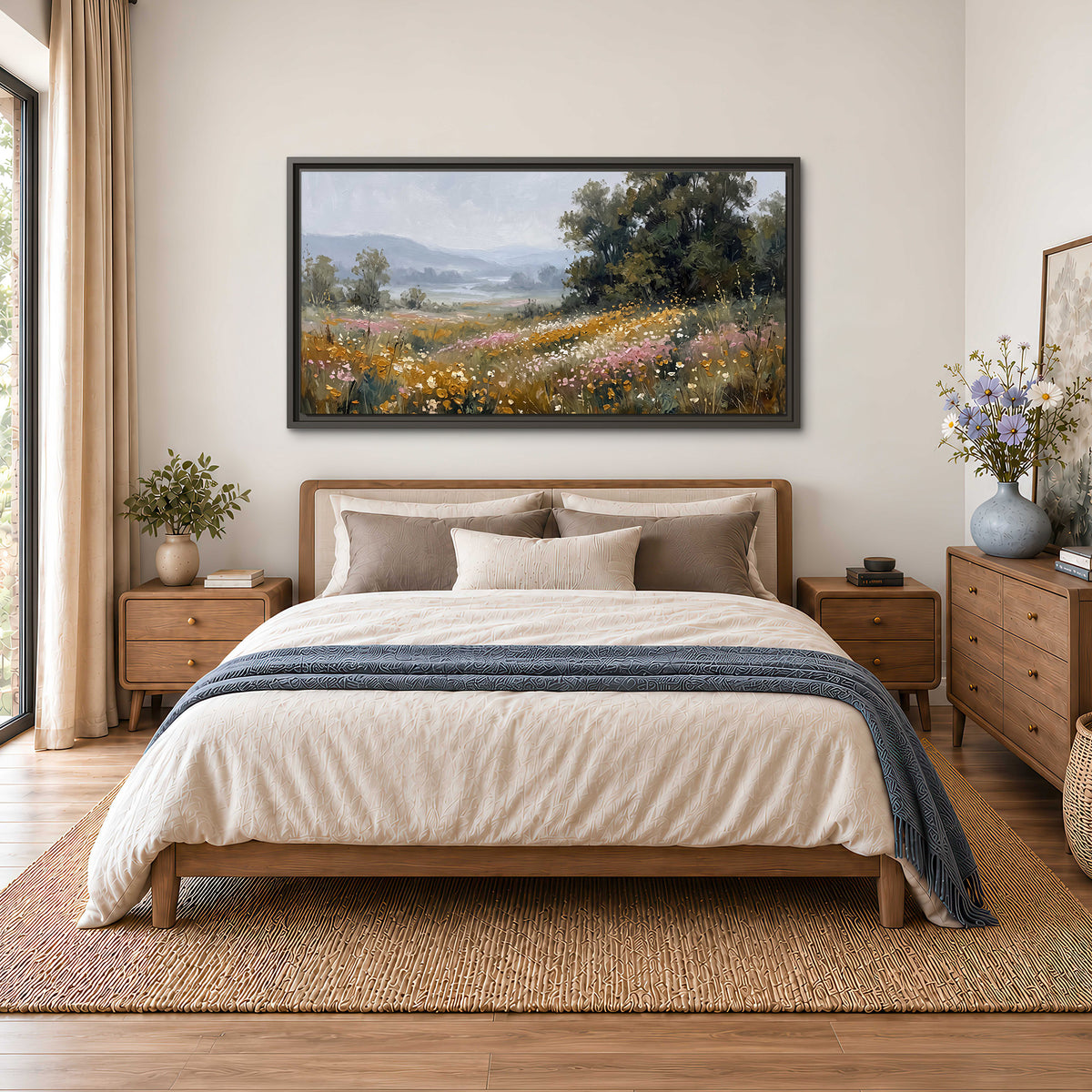A flower-filled meadow overlooking soft blue mountain ridges single framed canvas wall art styled in an interior