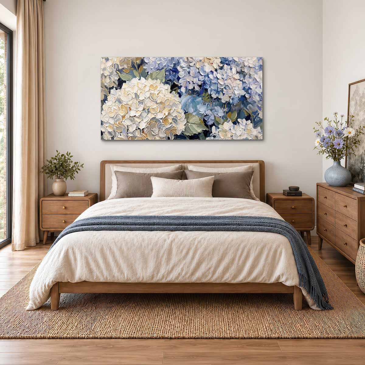 Clusters of pale blue and ivory hydrangea blossoms single canvas wall art styled in an interior