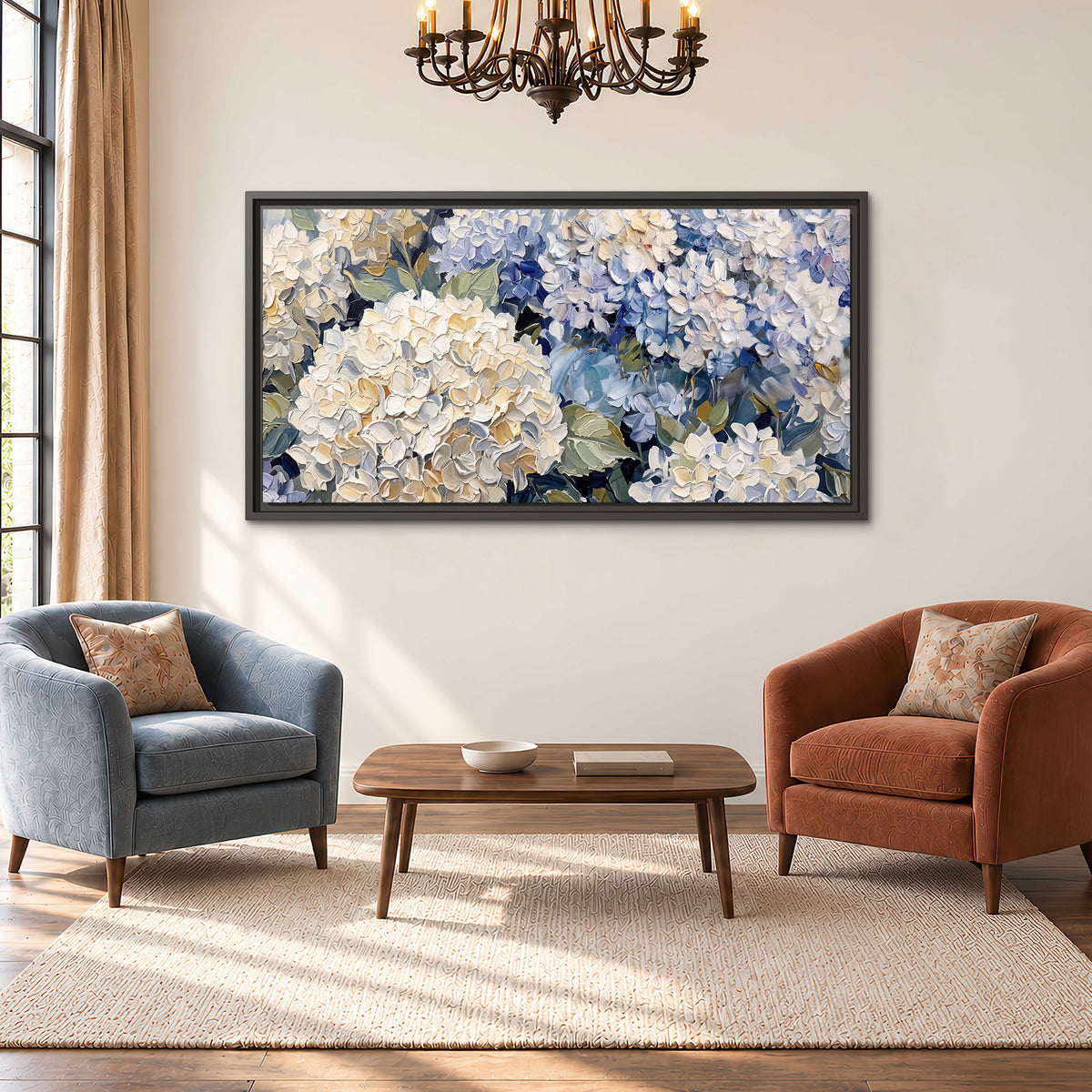 Clusters of pale blue and ivory hydrangea blossoms single framed canvas wall art styled in an interior