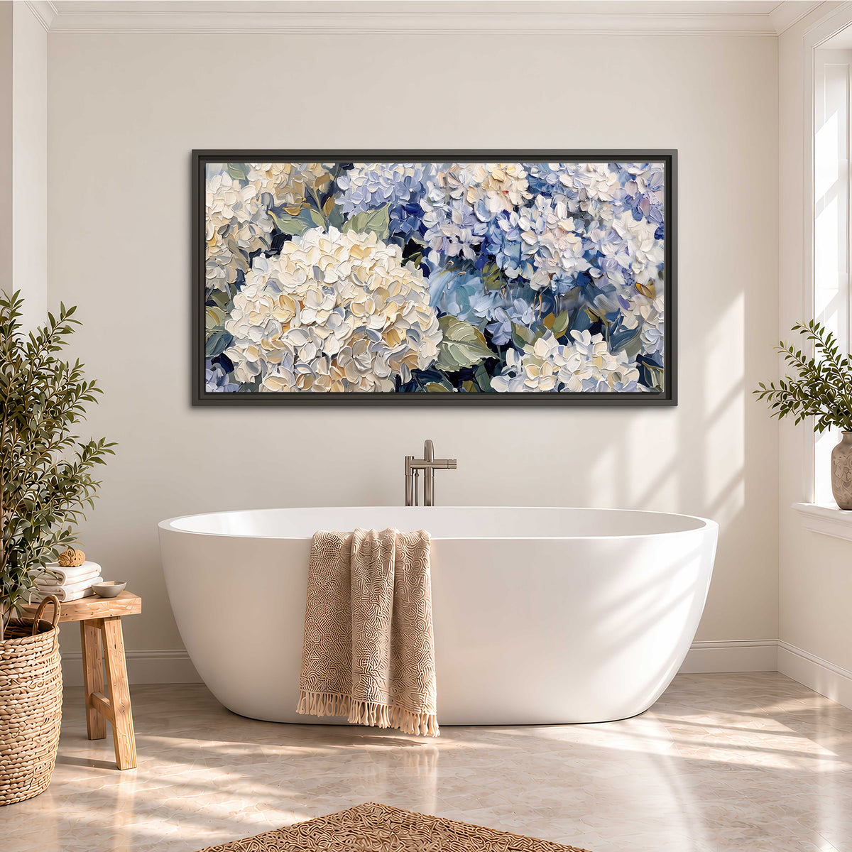 Clusters of pale blue and ivory hydrangea blossoms single framed canvas wall art styled in an interior