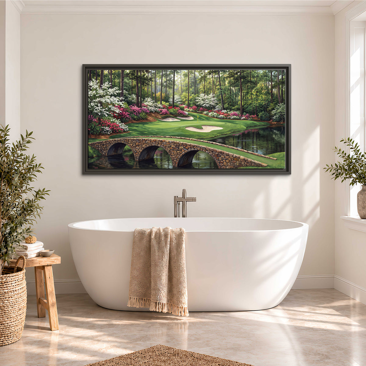 An arched stone bridge beside a landscaped golf course and reflective pond single framed canvas wall art styled in an interior