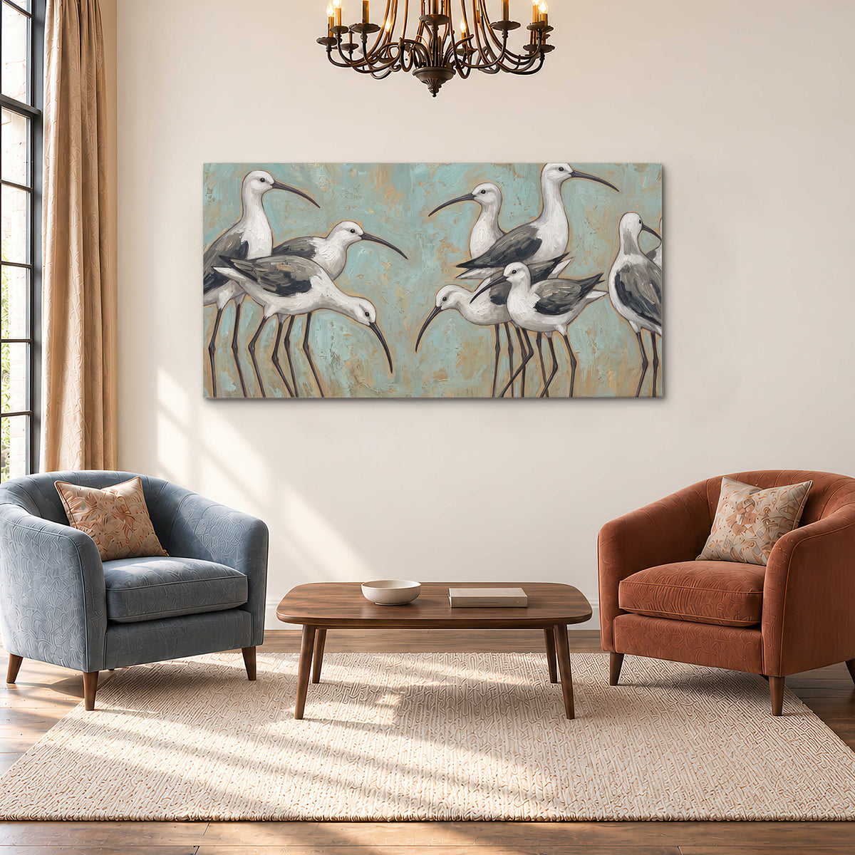 Long-legged white and gray wading birds against a muted aqua background single canvas wall art styled in an interior