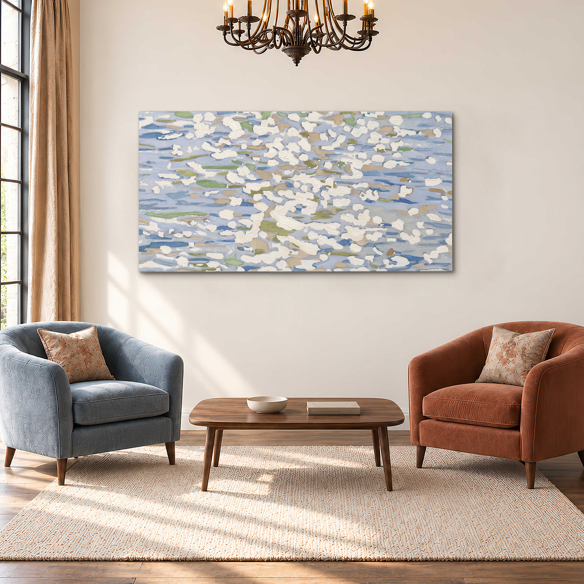 Loose pale blue, white and soft green marks suggesting shimmering water single canvas wall art styled in an interior