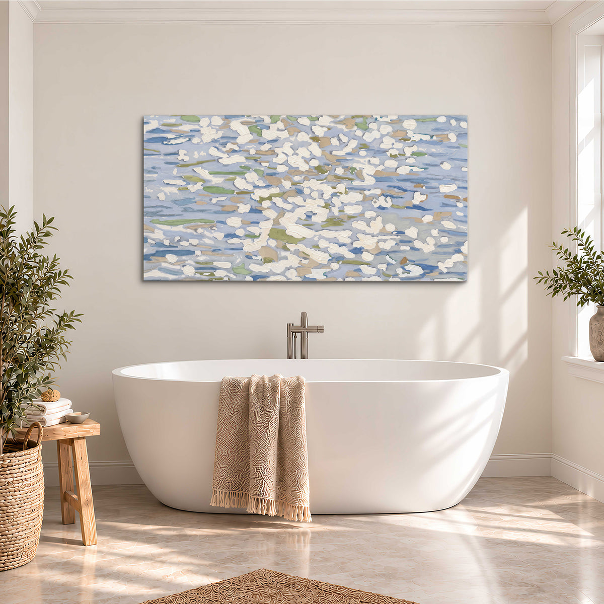 Loose pale blue, white and soft green marks suggesting shimmering water single canvas wall art styled in an interior
