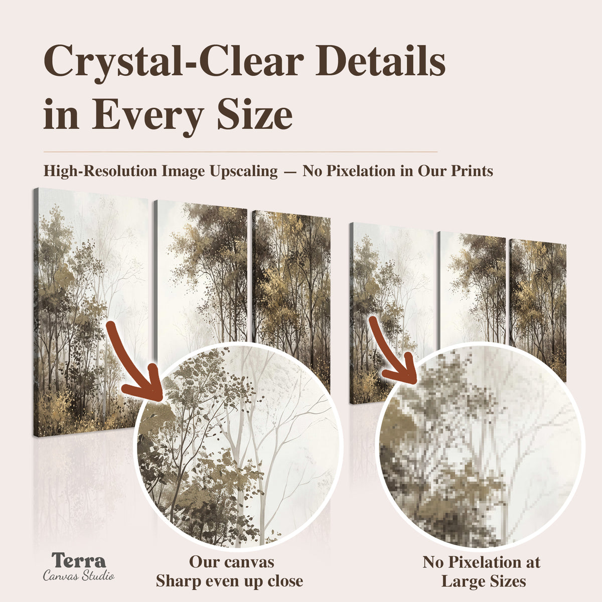 Tall autumn trees framing a pale misty woodland clearing artwork quality information