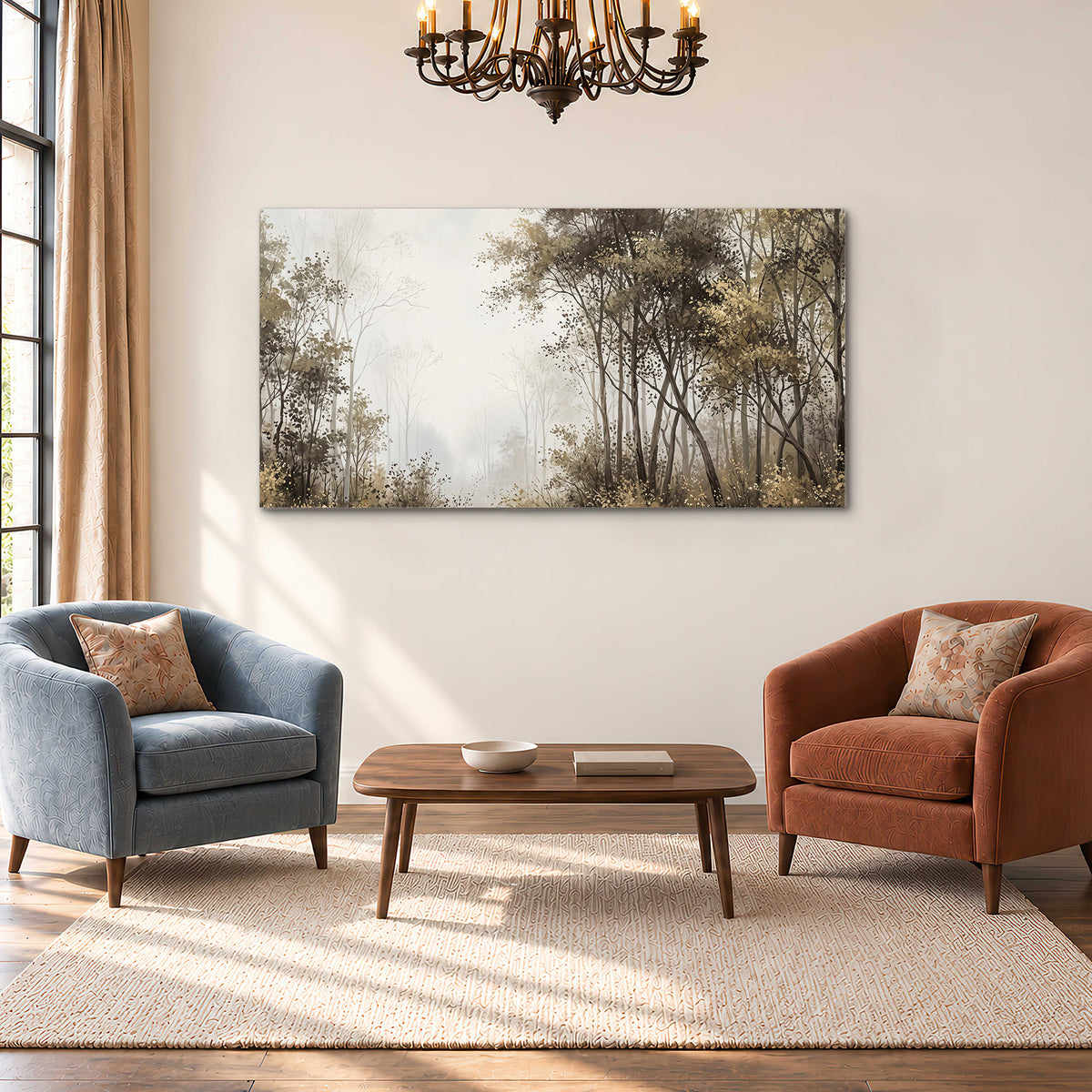 Tall autumn trees framing a pale misty woodland clearing single canvas wall art styled in an interior