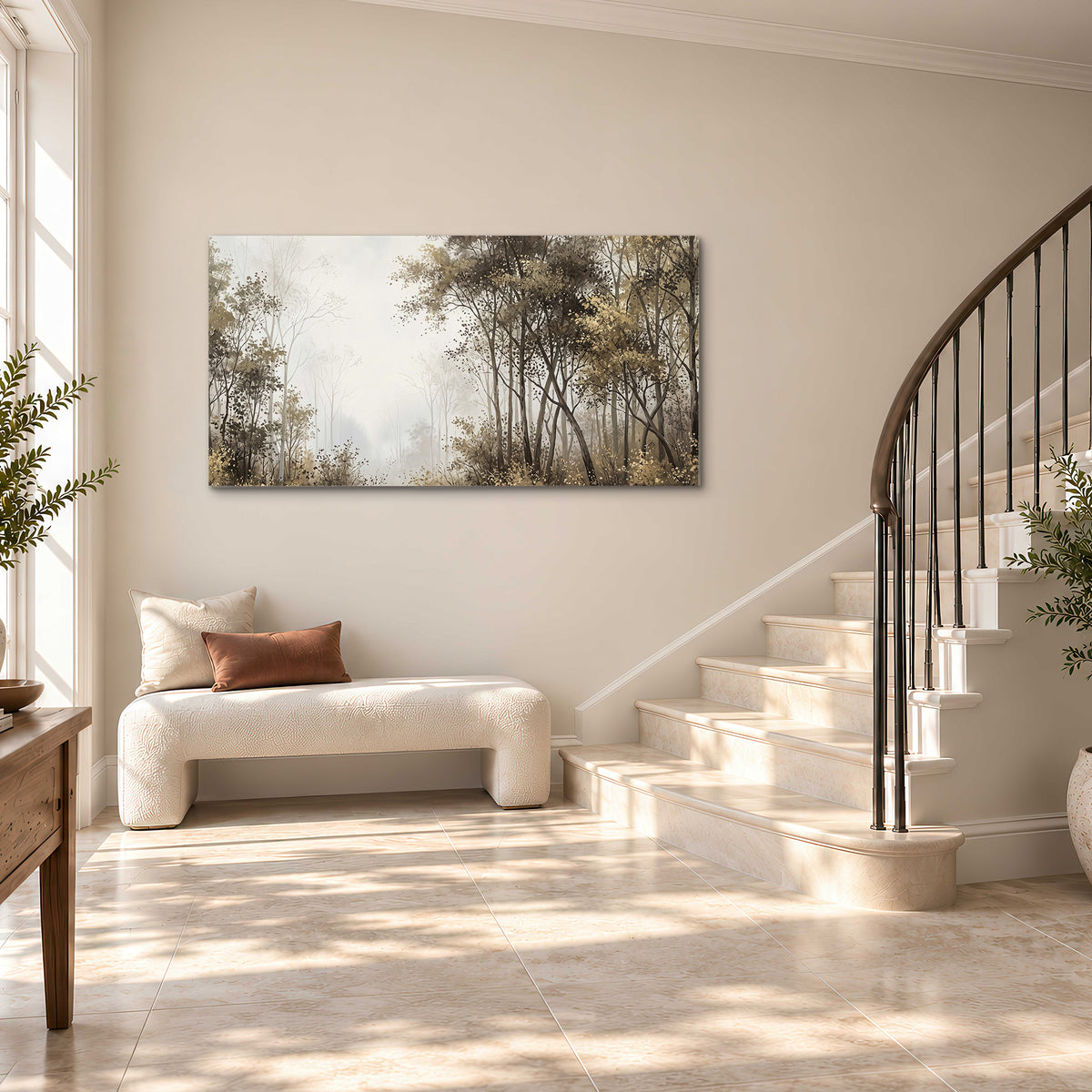 Tall autumn trees framing a pale misty woodland clearing single canvas wall art styled in an interior