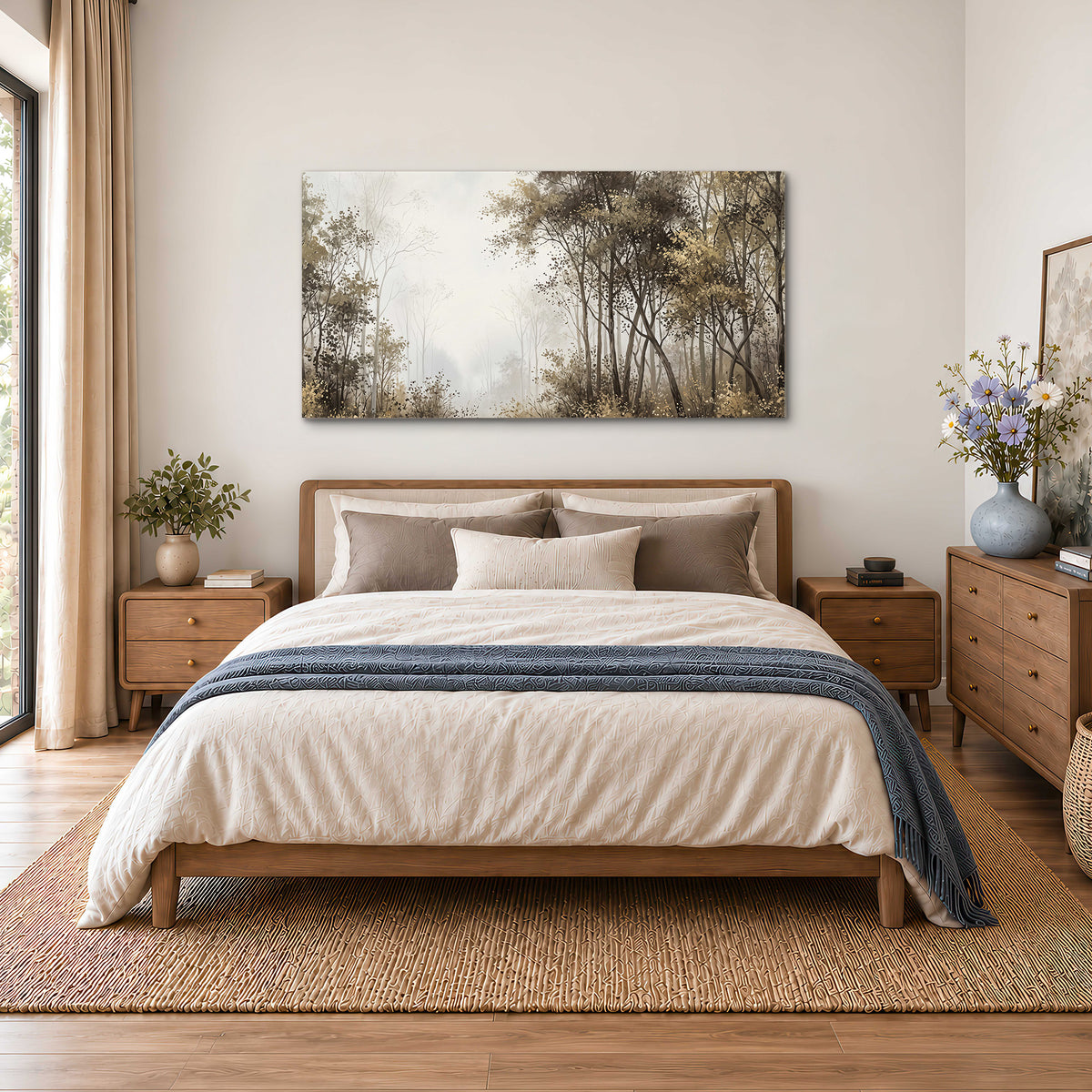 Tall autumn trees framing a pale misty woodland clearing single canvas wall art styled in an interior