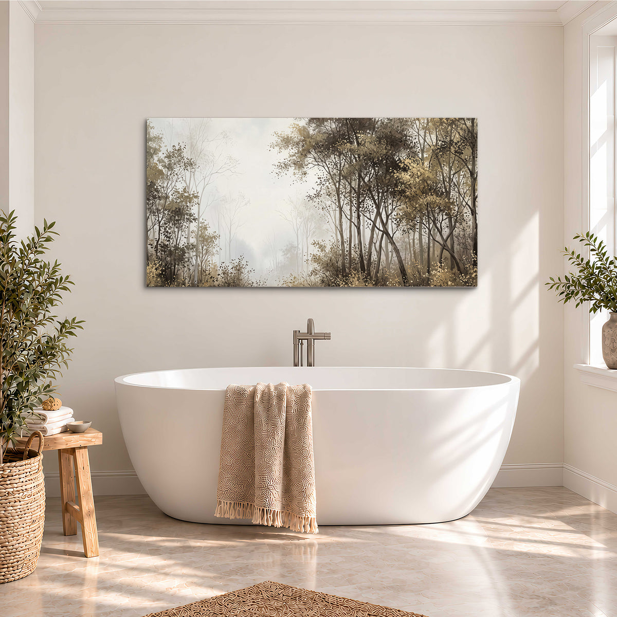 Tall autumn trees framing a pale misty woodland clearing single canvas wall art styled in an interior