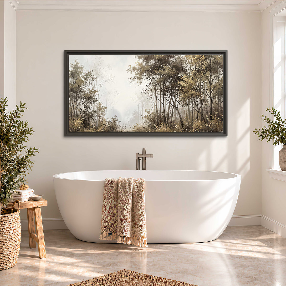 Tall autumn trees framing a pale misty woodland clearing single framed canvas wall art styled in an interior