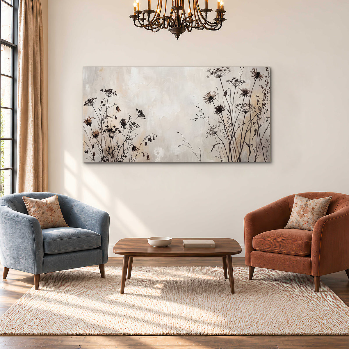 Fine dark wildflower stems and seed heads against soft beige single canvas wall art styled in an interior