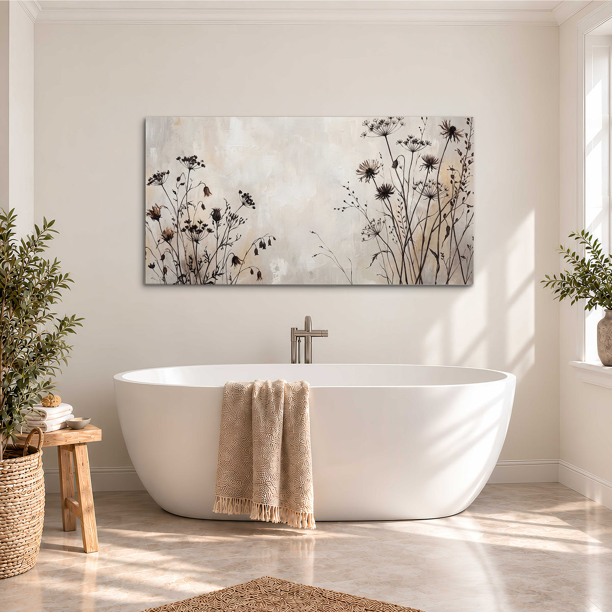 Fine dark wildflower stems and seed heads against soft beige single canvas wall art styled in an interior