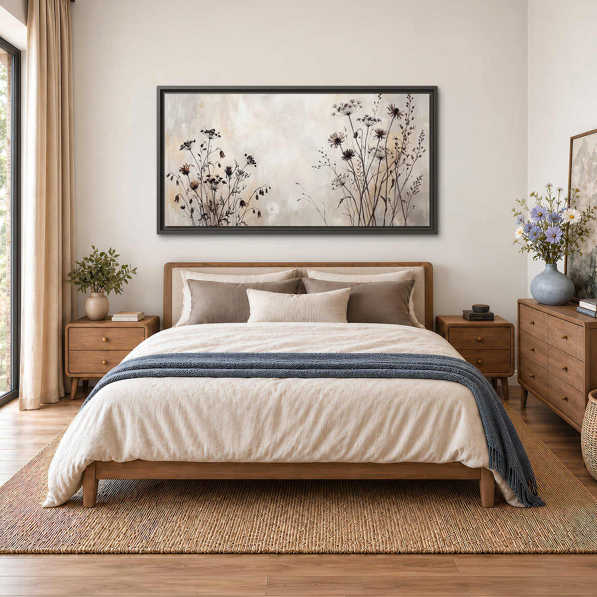Fine dark wildflower stems and seed heads against soft beige single framed canvas wall art styled in an interior