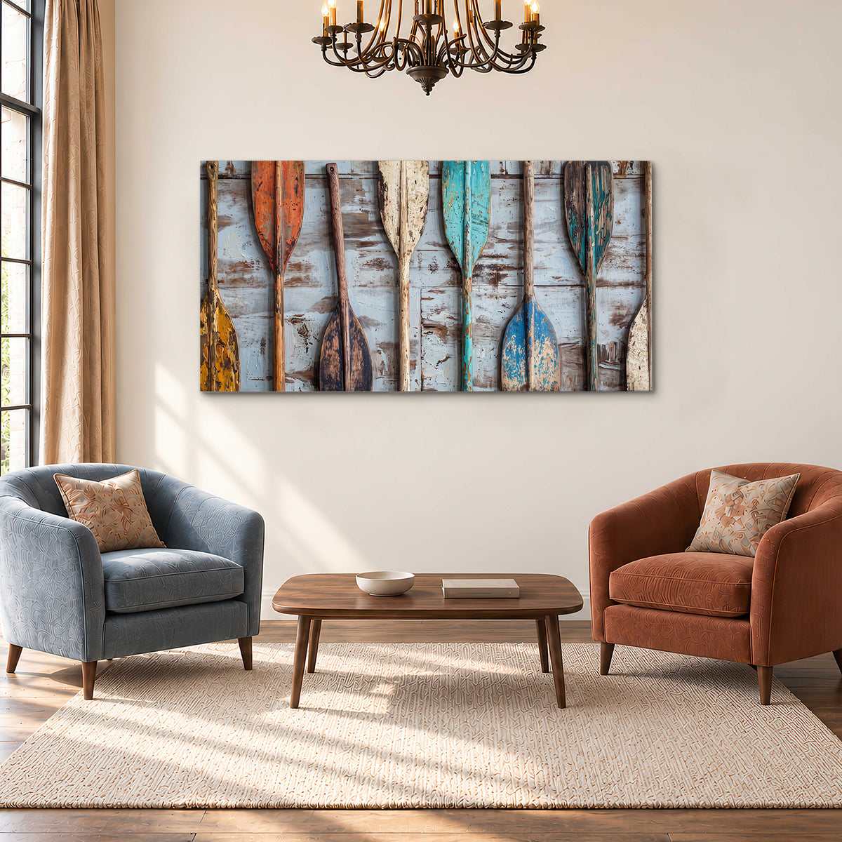 A row of colorful weathered wooden oars against pale blue boards single canvas wall art styled in an interior