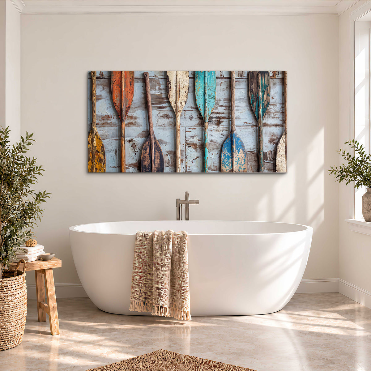 A row of colorful weathered wooden oars against pale blue boards single canvas wall art styled in an interior