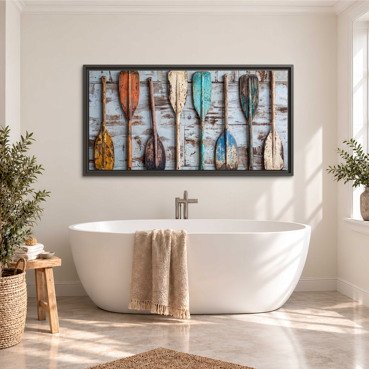 A row of colorful weathered wooden oars against pale blue boards single framed canvas wall art styled in an interior