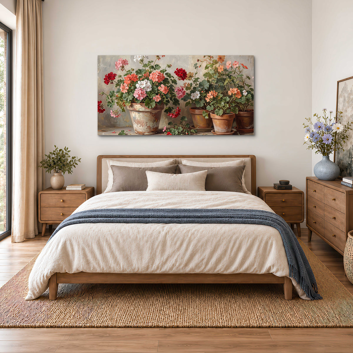 Colorful flowers arranged in rustic pots on a warm neutral background single canvas wall art styled in an interior