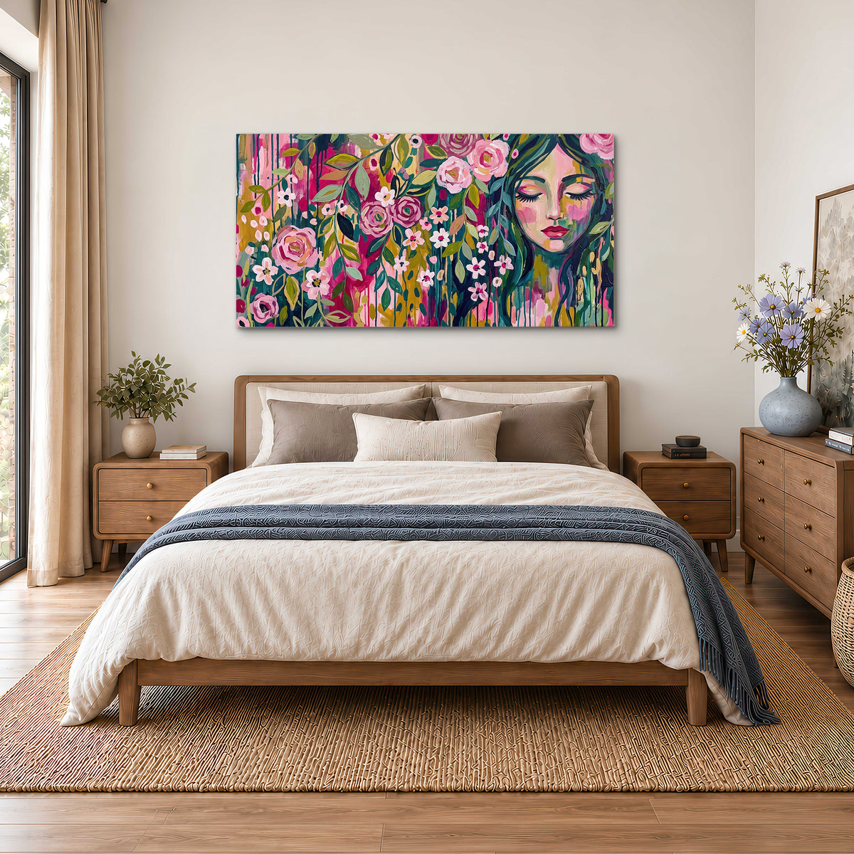 A woman's portrait surrounded by vivid flowers and expressive colorful marks single canvas wall art styled in an interior