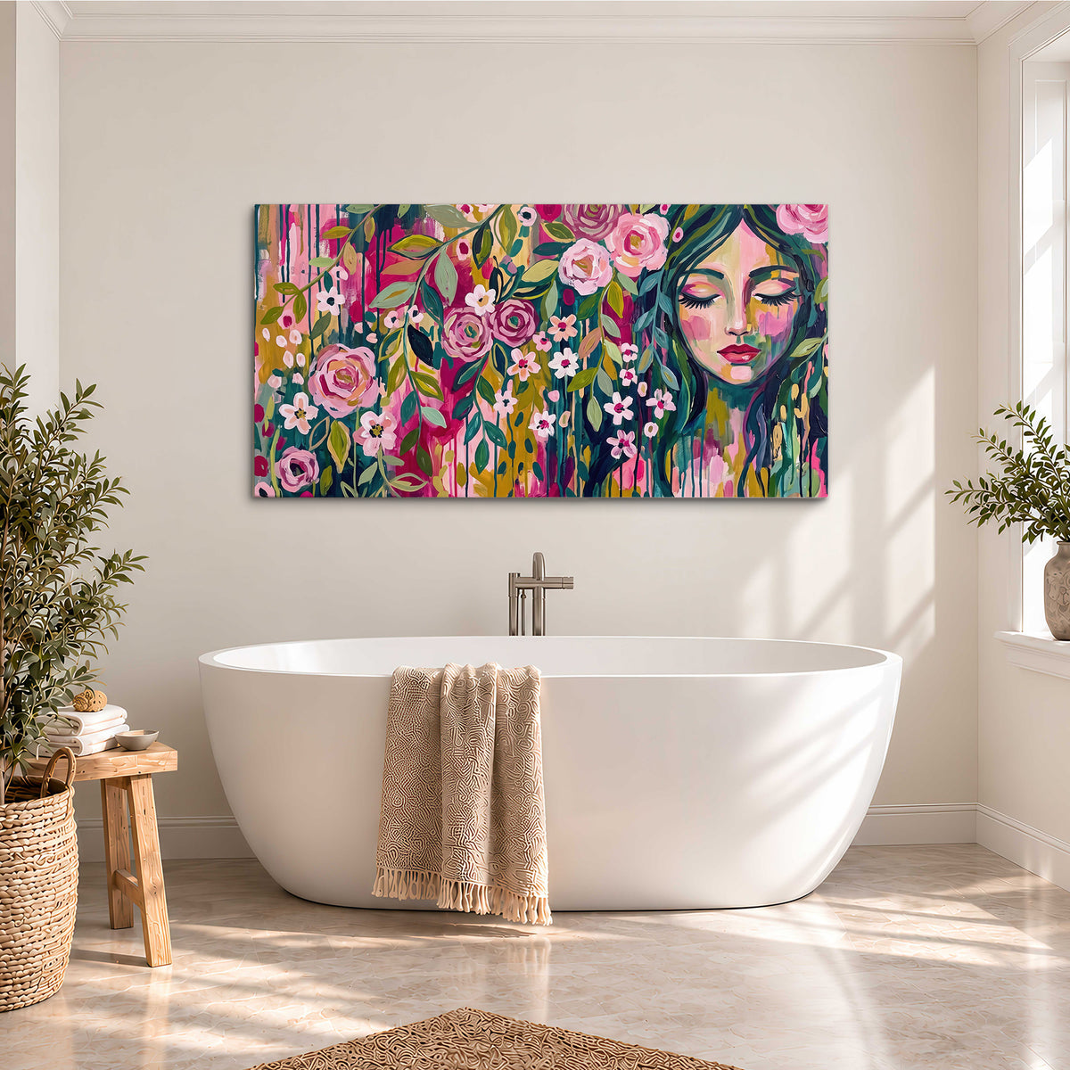 A woman's portrait surrounded by vivid flowers and expressive colorful marks single canvas wall art styled in an interior