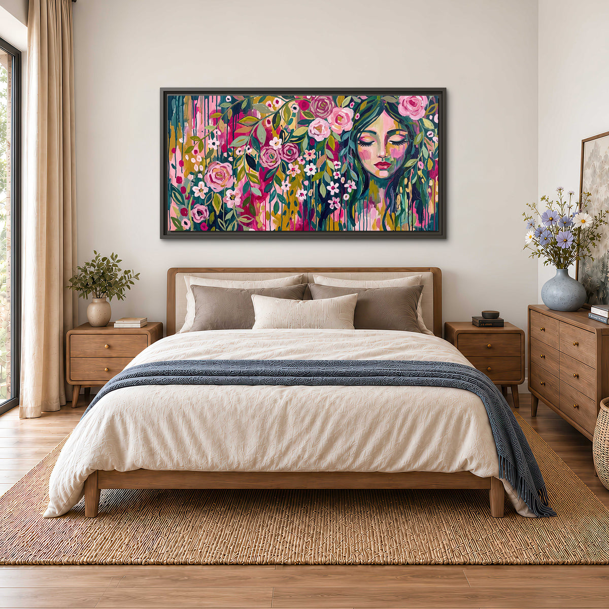 A woman's portrait surrounded by vivid flowers and expressive colorful marks single framed canvas wall art styled in an interior