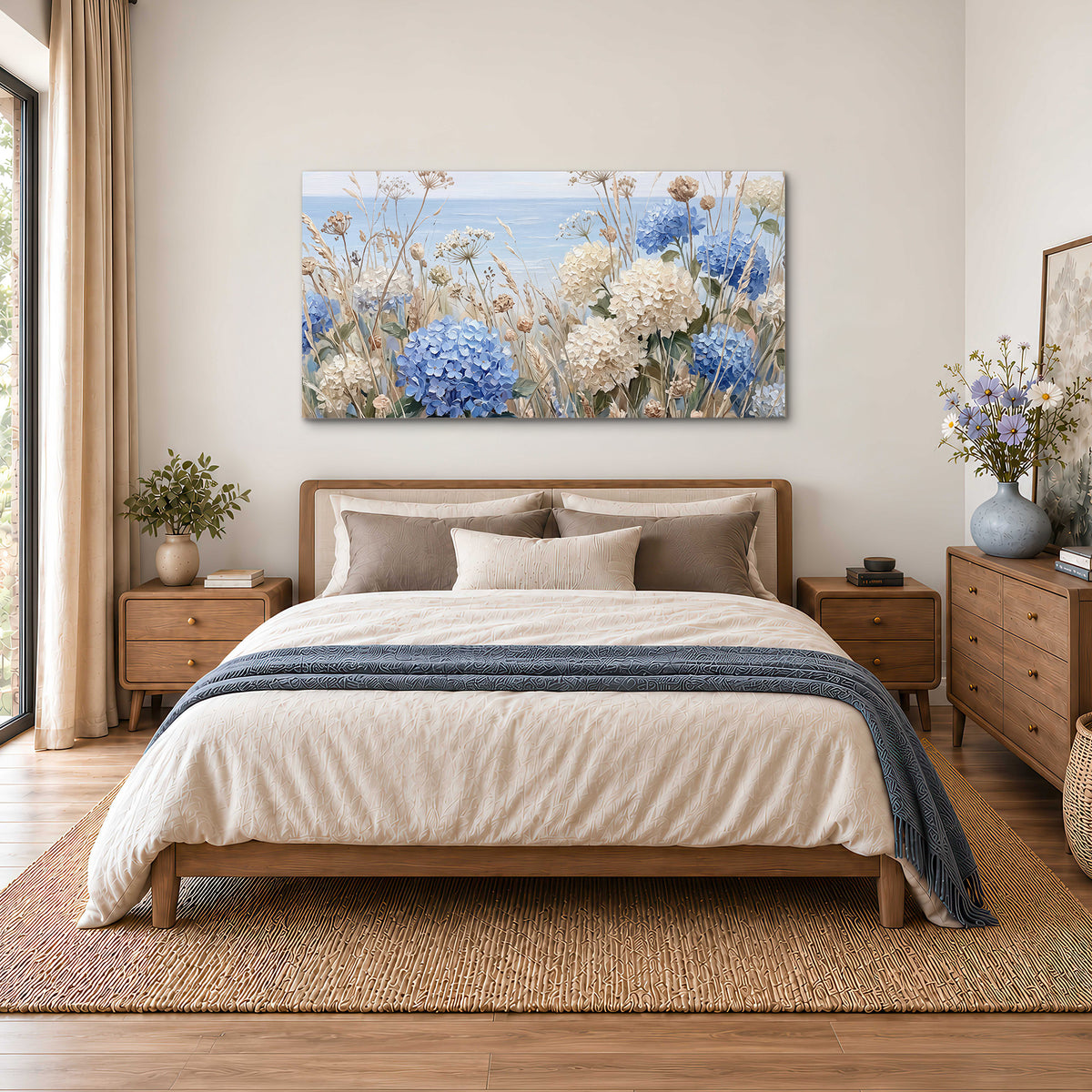 Blue hydrangeas and delicate ivory wildflowers beneath a pale blue sky single canvas wall art styled in an interior