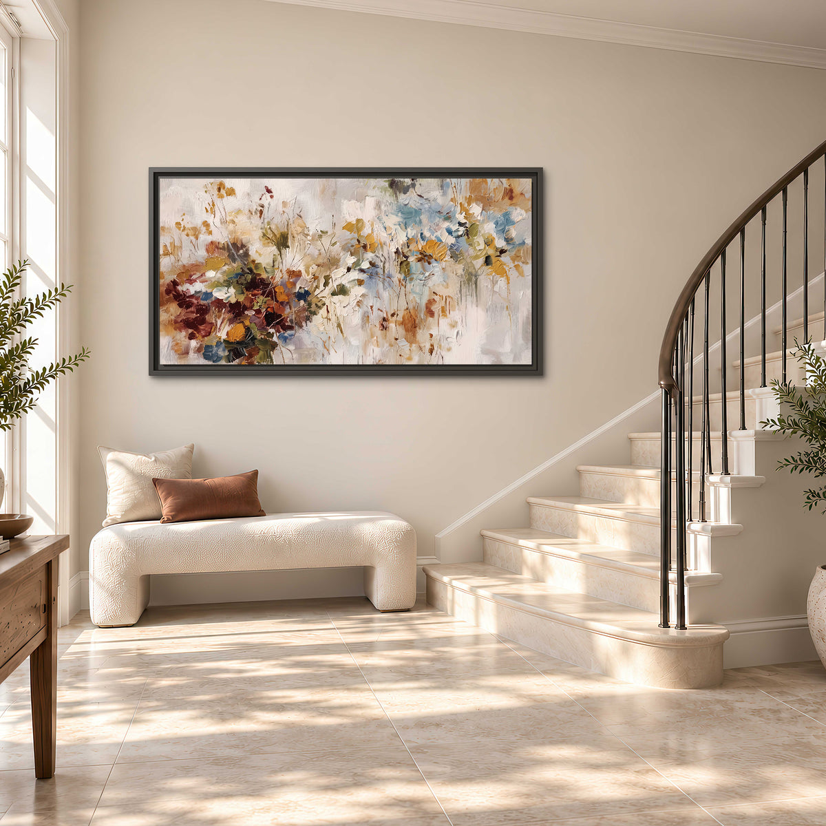 Loose cream, ochre and rust floral shapes with expressive painted-style marks single framed canvas wall art styled in an interior