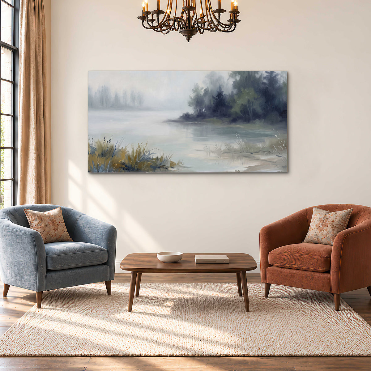 A calm pale lake bordered by dark evergreen trees and distant mist single canvas wall art styled in an interior