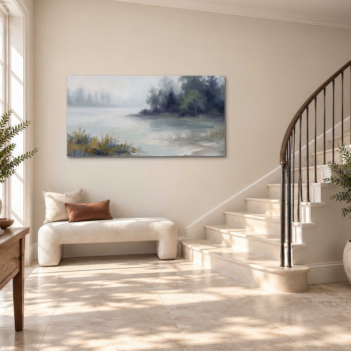 A calm pale lake bordered by dark evergreen trees and distant mist single canvas wall art styled in an interior