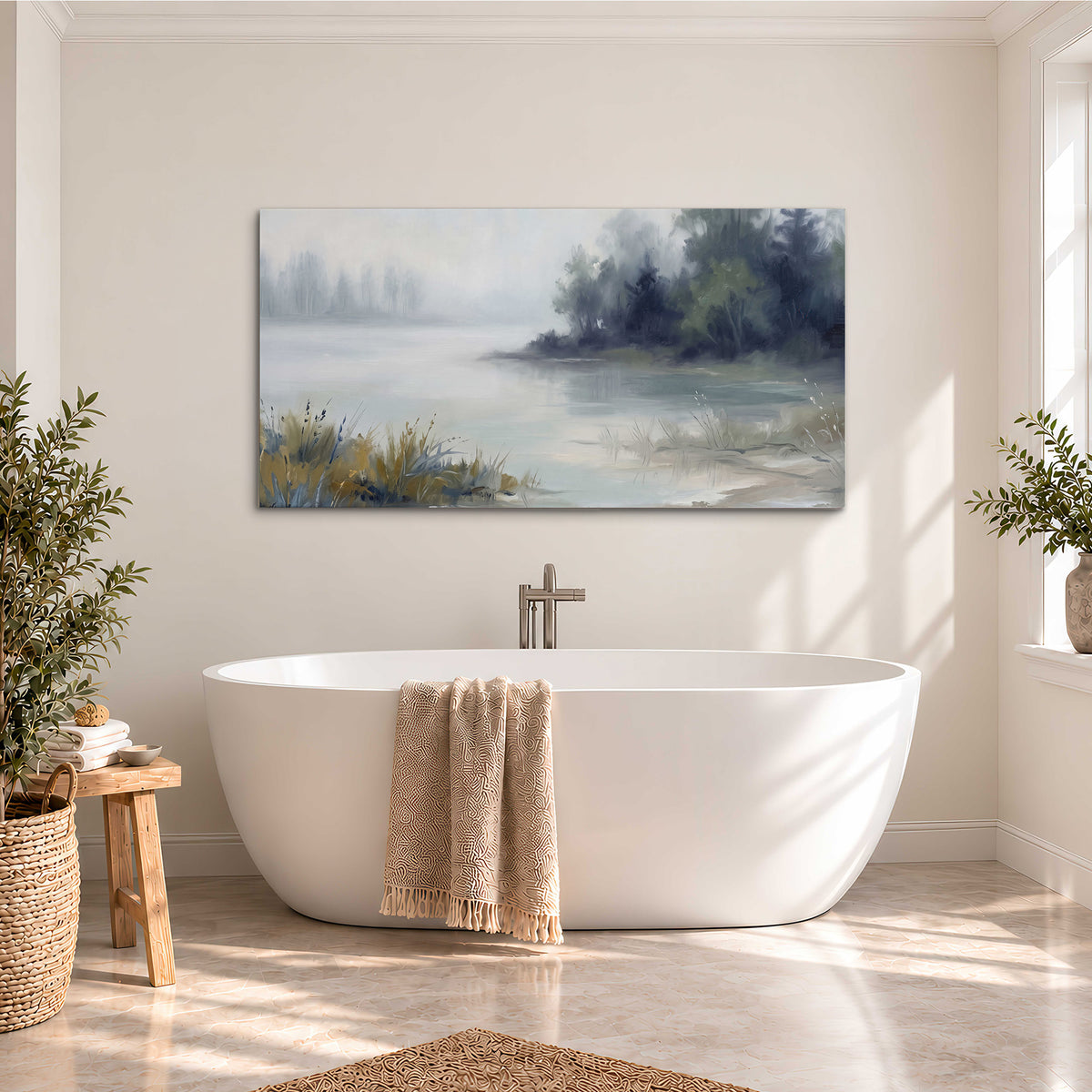 A calm pale lake bordered by dark evergreen trees and distant mist single canvas wall art styled in an interior