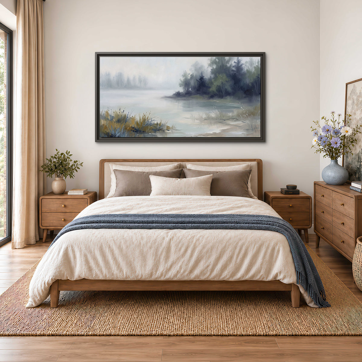 A calm pale lake bordered by dark evergreen trees and distant mist single framed canvas wall art styled in an interior