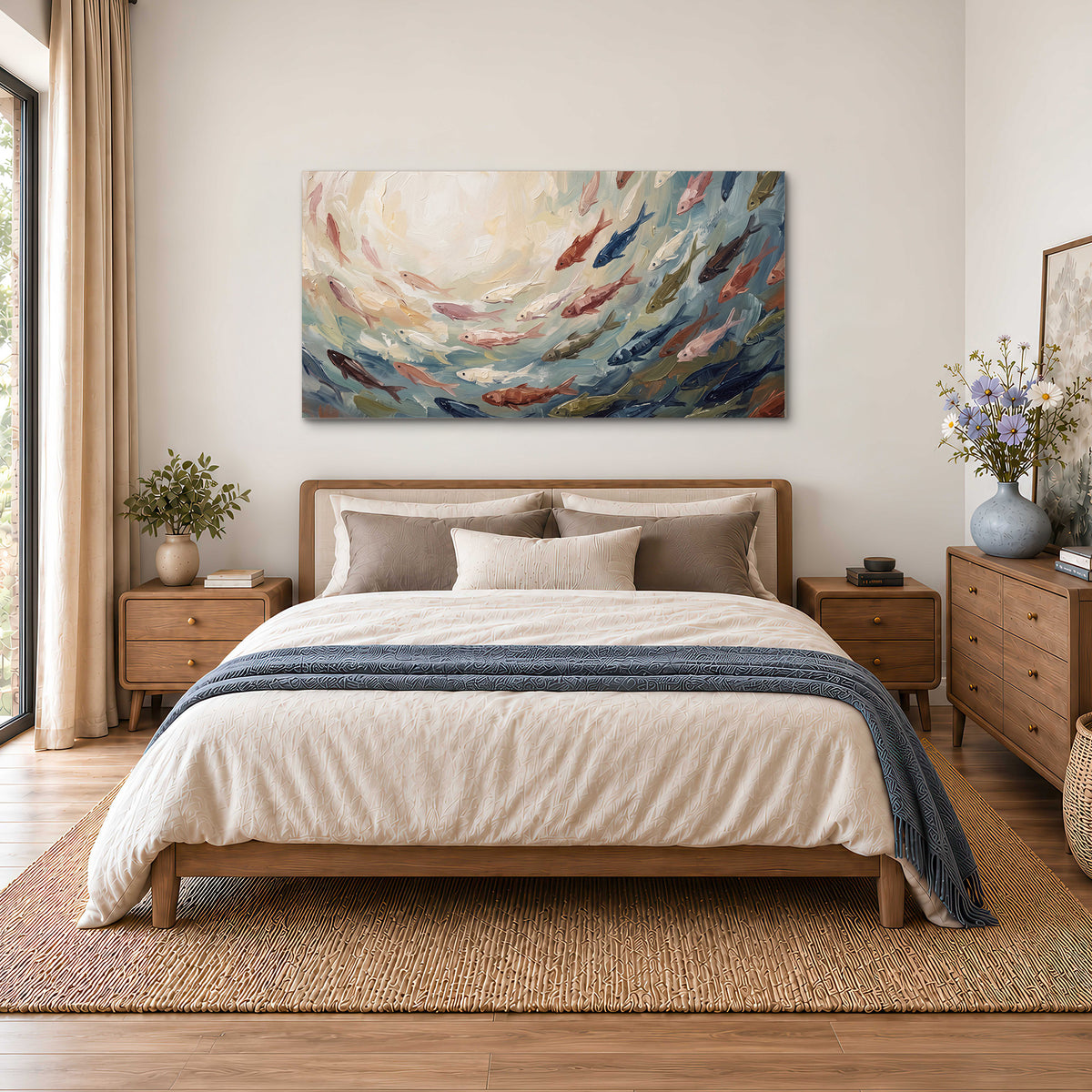 Sweeping cream, teal and rust painted-style curves single canvas wall art styled in an interior